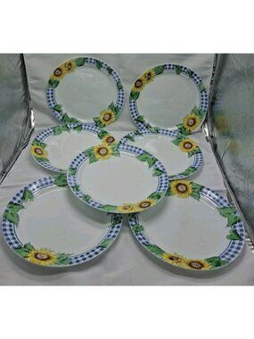 Corelle By Corning SUNSATIONS Blue Plaid Yellow Sunflowers Dinner Plates Set 7